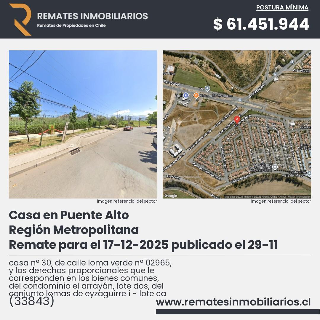 Imagen ficha casa nº 30, de calle loma verde nº 02965, y los derechos proporcionales que le corresponden en los bienes comunes, del condominio el arrayán, lote dos, del conjunto lomas de eyzaguirre i - lote ca