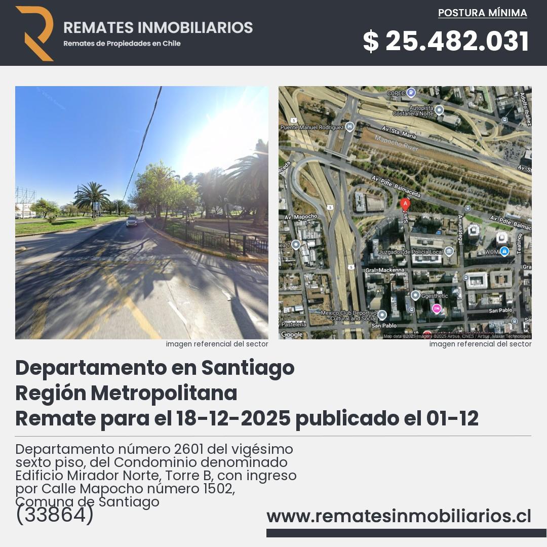 Imagen ficha Departamento número 2601 del vigésimo sexto piso, del Condominio denominado Edificio Mirador Norte, Torre B, con ingreso por Calle Mapocho número 1502, Comuna de Santiago