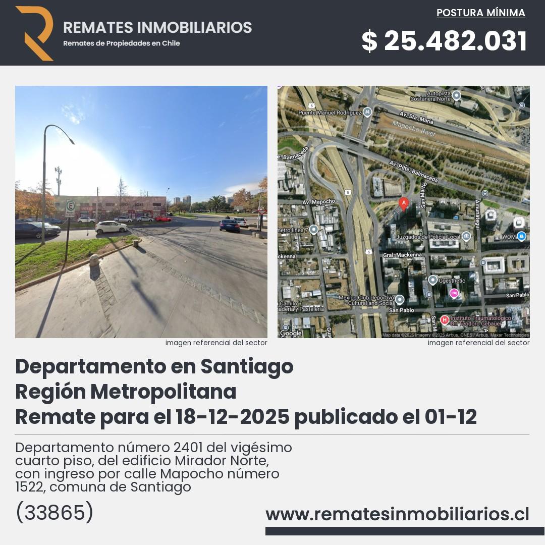 Imagen ficha Departamento número 2401 del vigésimo cuarto piso, del edificio Mirador Norte, con ingreso por calle Mapocho número 1522, comuna de Santiago