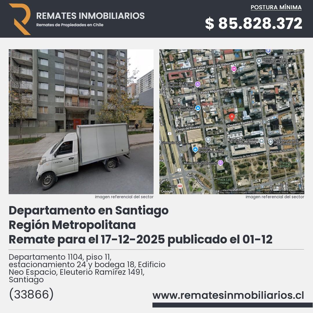 Imagen ficha Departamento 1104, piso 11, estacionamiento 24 y bodega 18, Edificio Neo Espacio, Eleuterio Ramírez 1491, Santiago