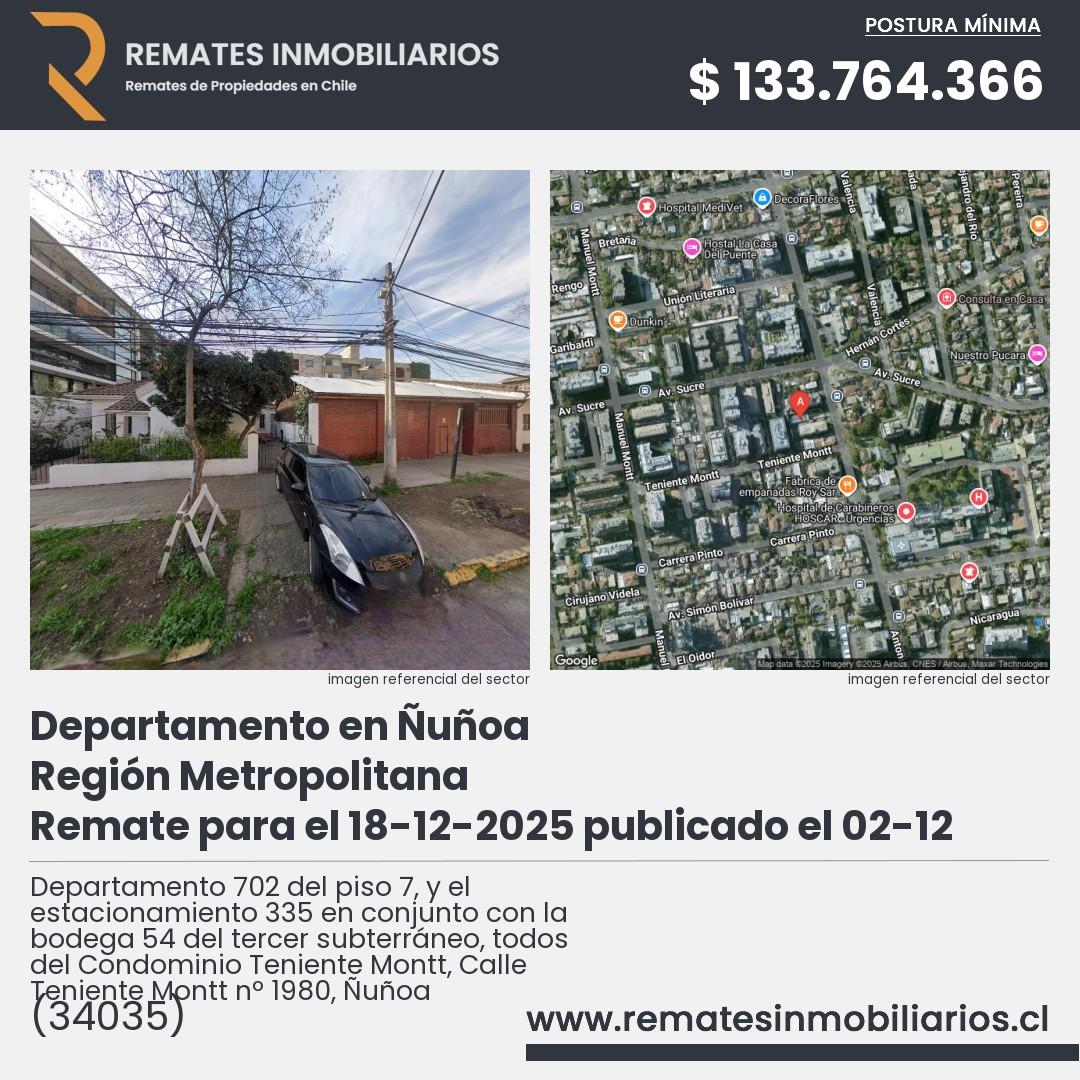 Imagen ficha Departamento 702 del piso 7, y el estacionamiento 335 en conjunto con la bodega 54 del tercer subterráneo, todos del Condominio Teniente Montt, Calle Teniente Montt nº 1980, Ñuñoa