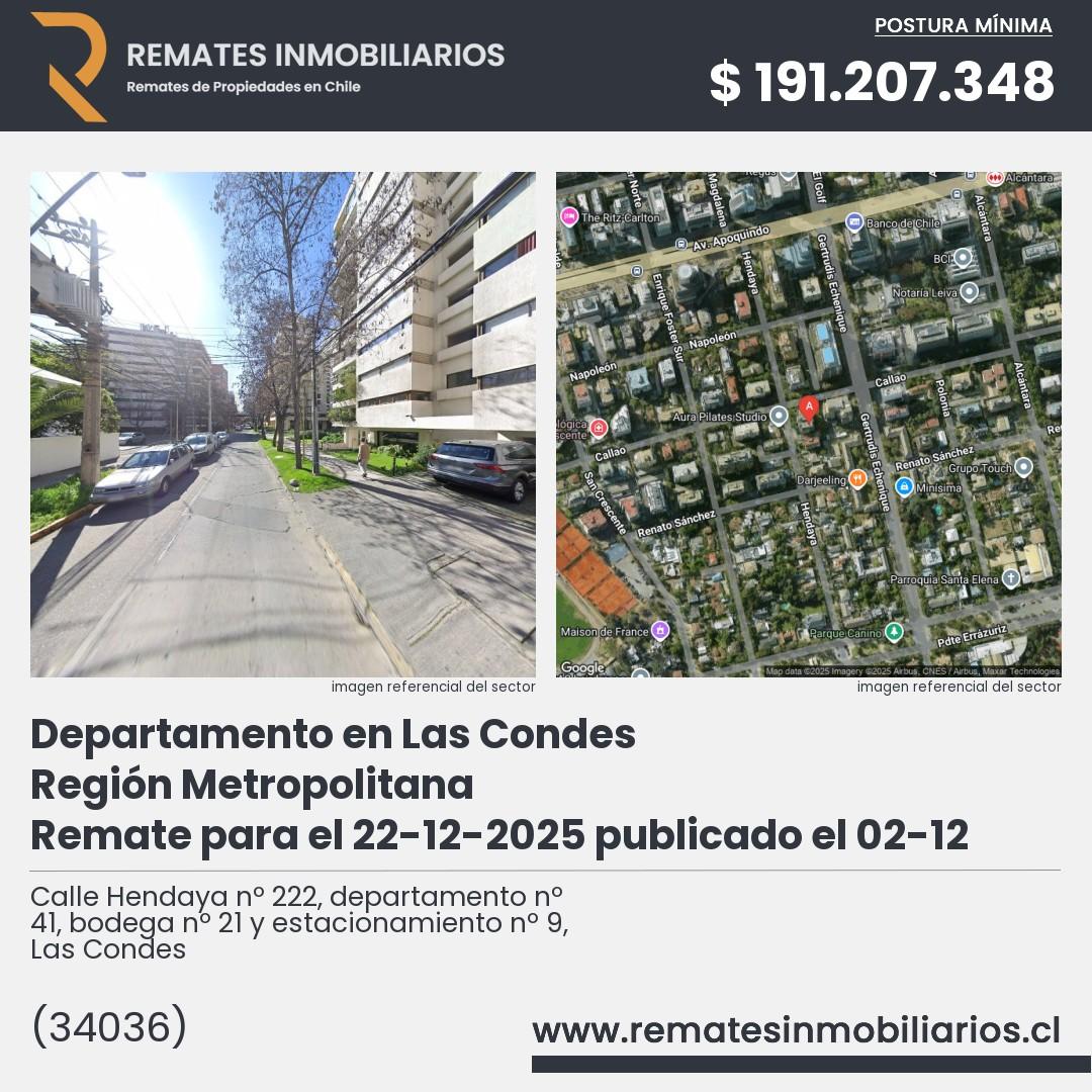 Imagen ficha Calle Hendaya nº 222, departamento nº 41, bodega nº 21 y estacionamiento nº 9, Las Condes