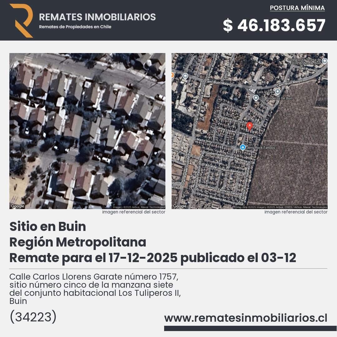 Imagen ficha Calle Carlos Llorens Garate número 1757, sitio número cinco de la manzana siete del conjunto habitacional Los Tuliperos II, Buin