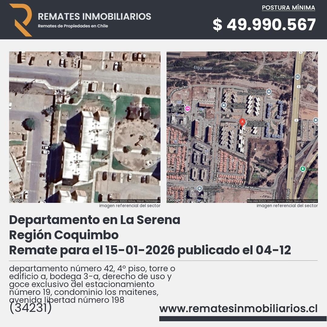 Imagen ficha departamento número 42, 4º piso, torre o edificio a, bodega 3-a, derecho de uso y goce exclusivo del estacionamiento número 19, condominio los maitenes, avenida libertad número 198