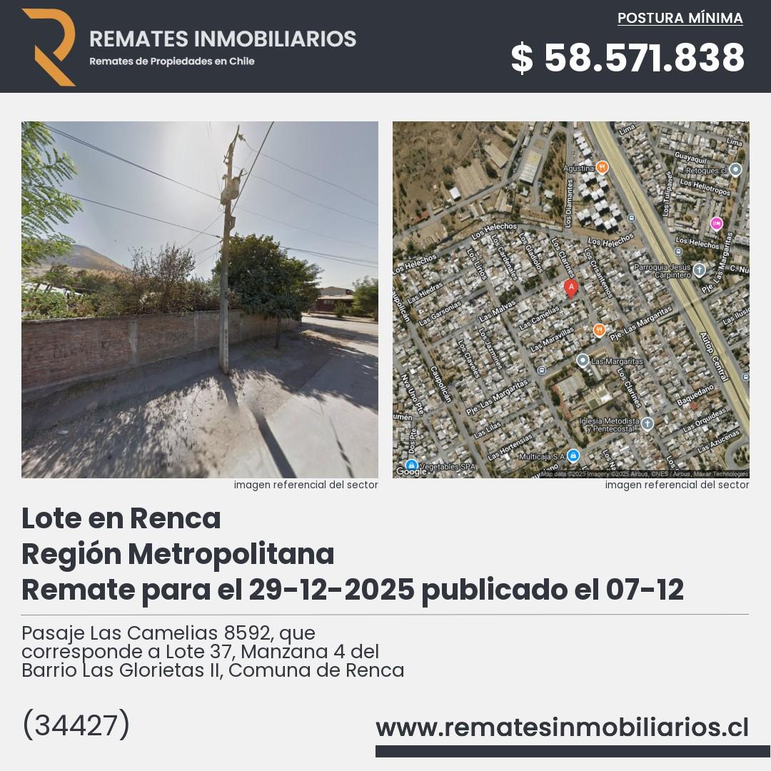 Imagen ficha Pasaje Las Camelias 8592, que corresponde a Lote 37, Manzana 4 del Barrio Las Glorietas II, Comuna de Renca