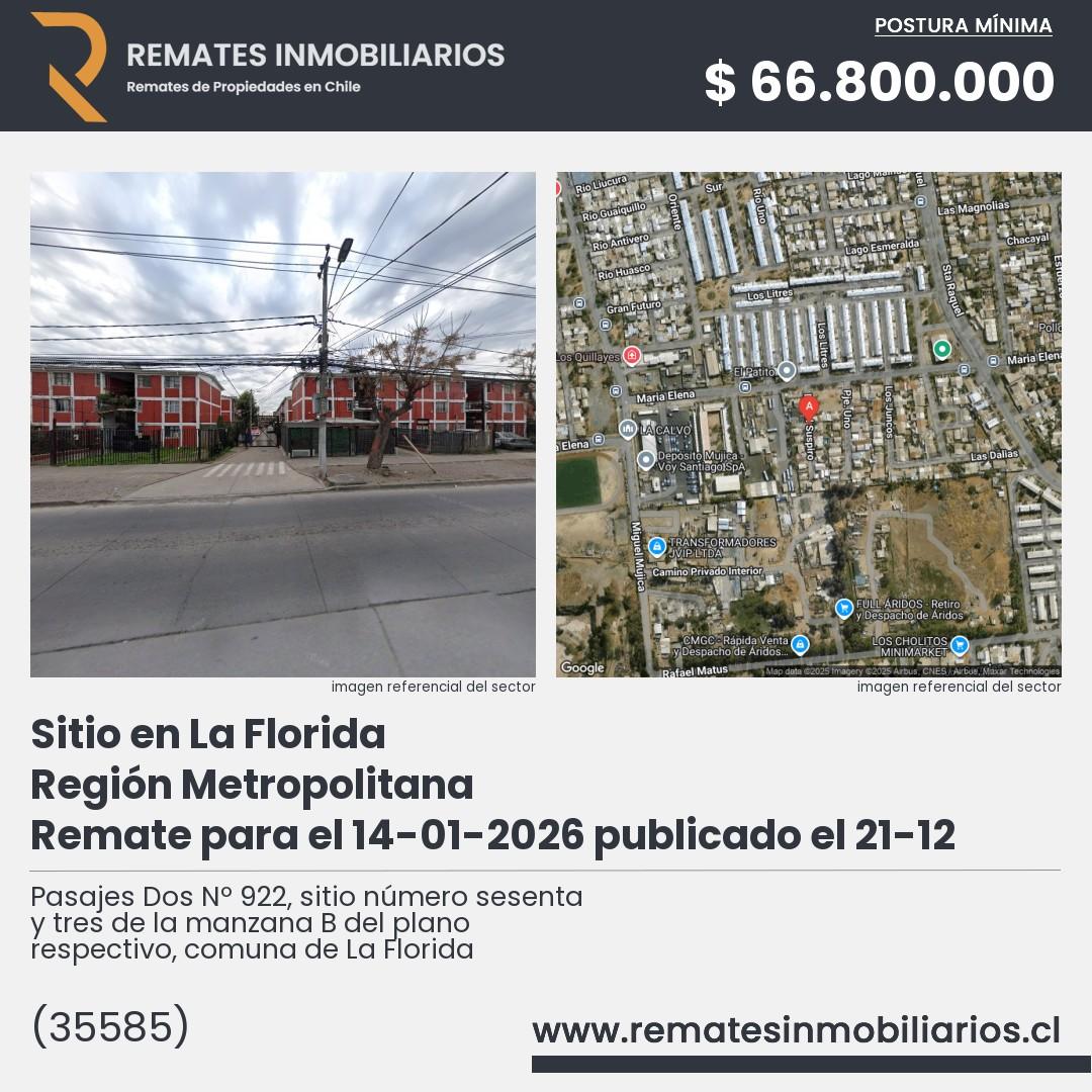 Imagen ficha Pasajes Dos Nº 922, sitio número sesenta y tres de la manzana B del plano respectivo, comuna de La Florida