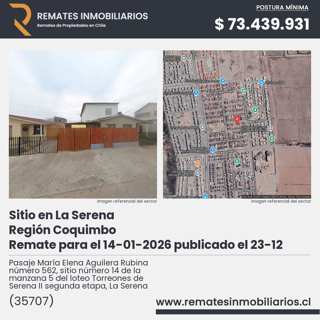 Imagen ficha Pasaje María Elena Aguilera Rubina número 562, sitio número 14 de la manzana 5 del loteo Torreones de Serena II segunda etapa, La Serena