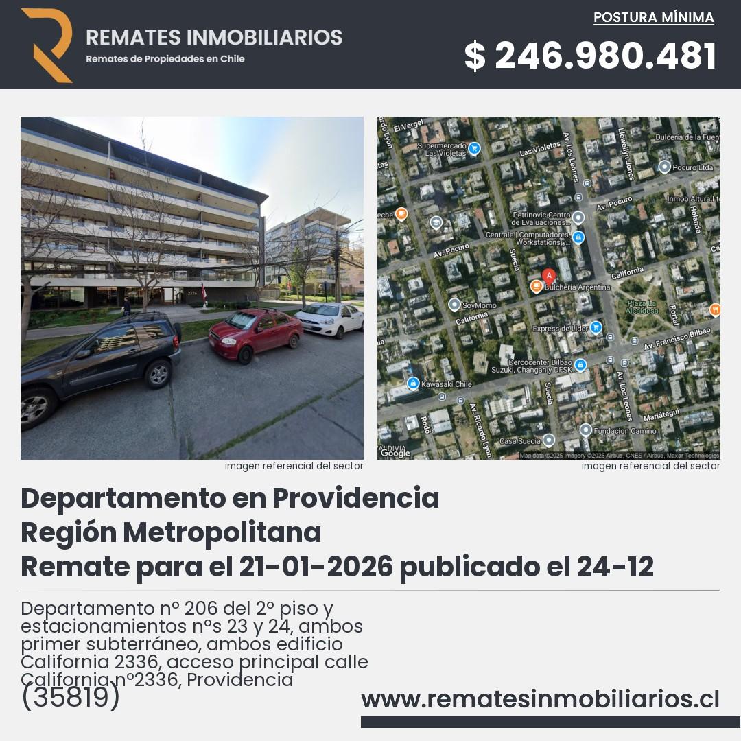 Imagen ficha Departamento nº 206 del 2º piso y estacionamientos nºs 23 y 24, ambos primer subterráneo, ambos edificio California 2336, acceso principal calle California nº2336, Providencia