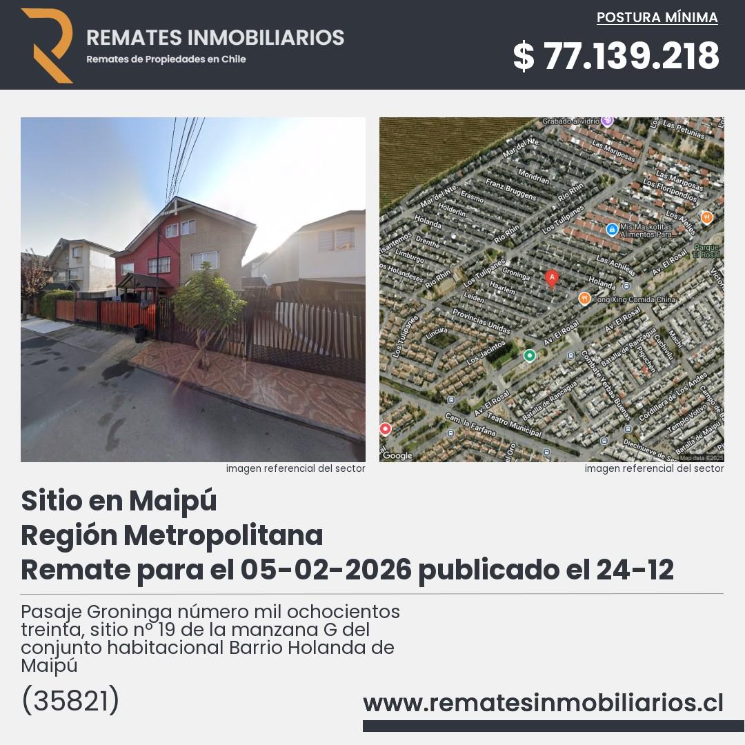 Imagen ficha Pasaje Groninga número mil ochocientos treinta, sitio nº 19 de la manzana G del conjunto habitacional Barrio Holanda de Maipú