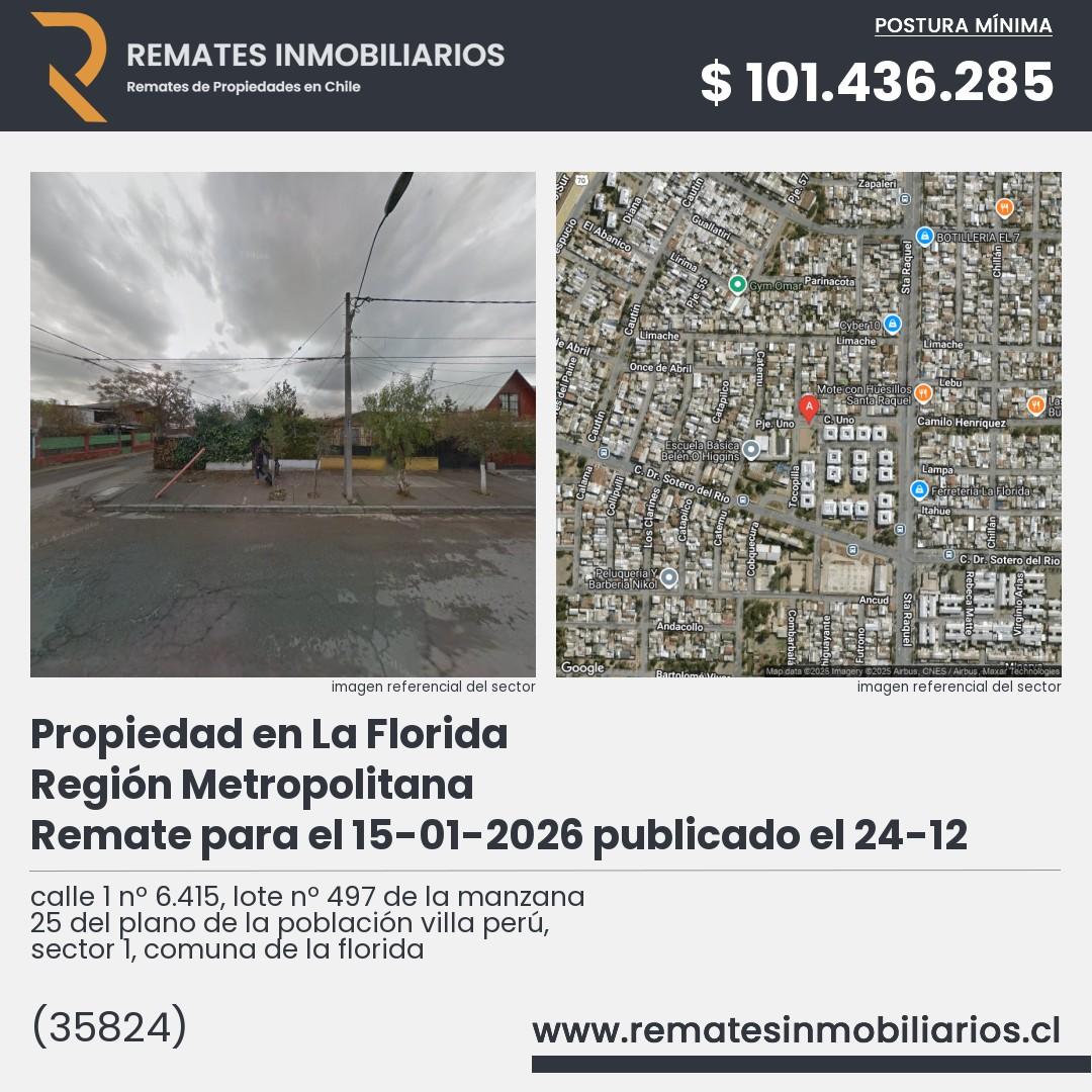 Imagen ficha calle 1 nº 6.415, lote nº 497 de la manzana 25 del plano de la población villa perú, sector 1, comuna de la florida