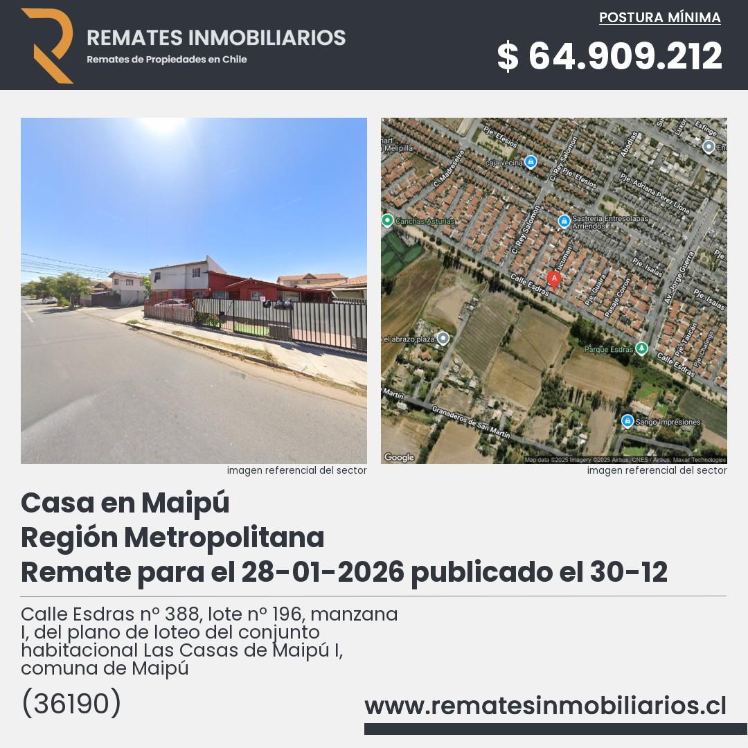 Imagen ficha Calle Esdras nº 388, lote nº 196, manzana I, del plano de loteo del conjunto habitacional Las Casas de Maipú I, comuna de Maipú