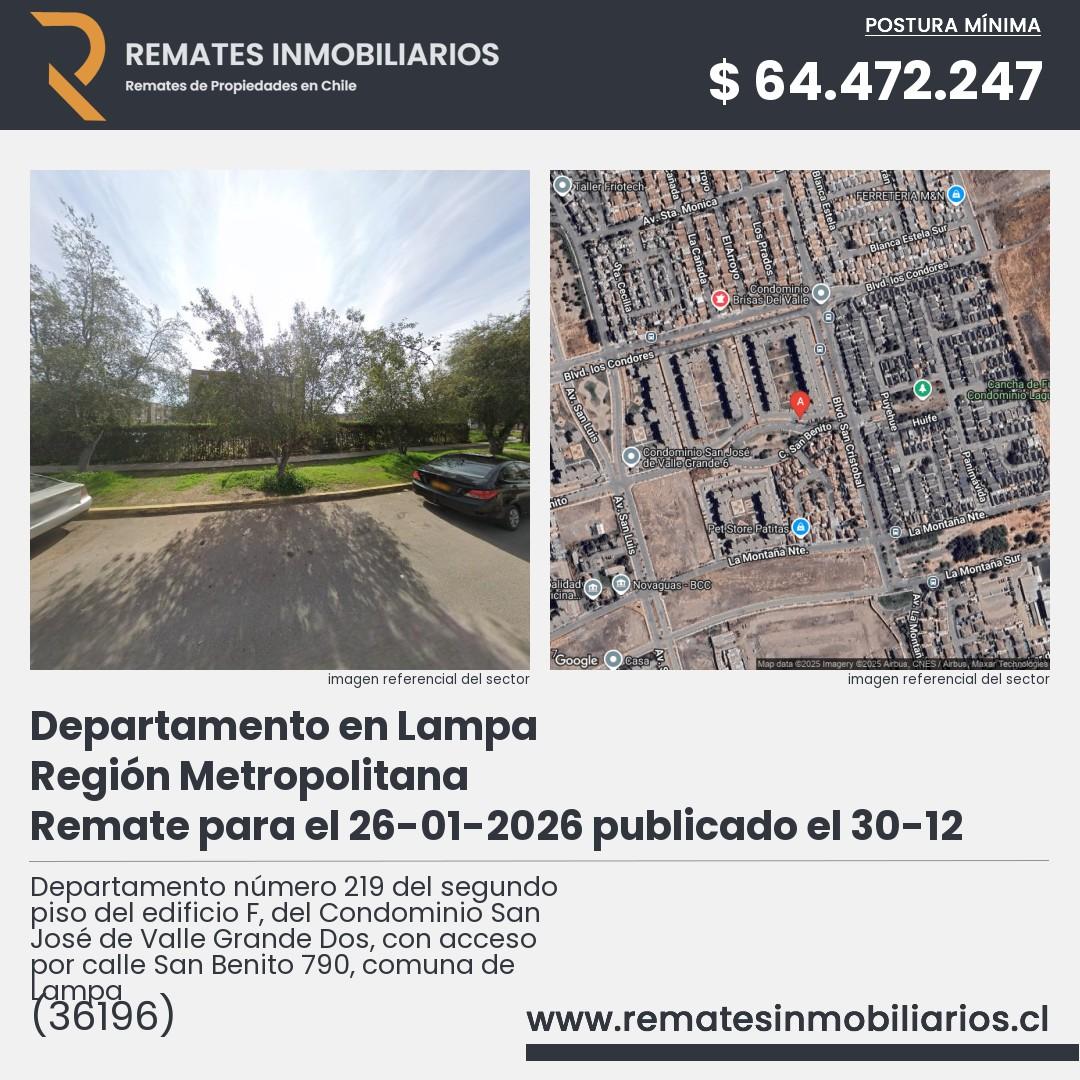 Imagen ficha Departamento número 219 del segundo piso del edificio F, del Condominio San José de Valle Grande Dos, con acceso por calle San Benito 790, comuna de Lampa