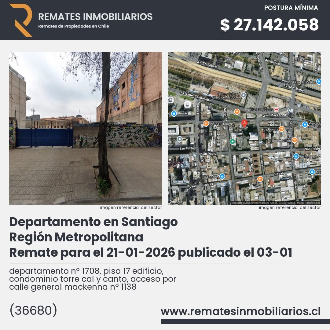 Imagen ficha departamento nº 1708, piso 17 edificio, condominio torre cal y canto, acceso por calle general mackenna nº 1138