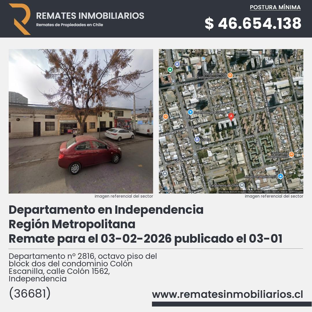 Imagen ficha Departamento nº 2816, octavo piso del block dos del condominio Colón Escanilla, calle Colón 1562, Independencia