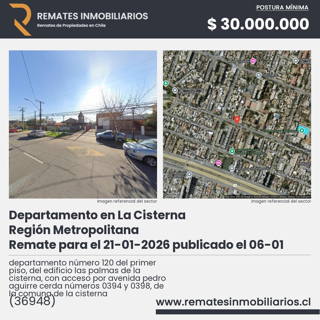 Imagen ficha departamento número 120 del primer piso, del edificio las palmas de la cisterna, con acceso por avenida pedro aguirre cerda números 0394 y 0398, de la comuna de la cisterna
