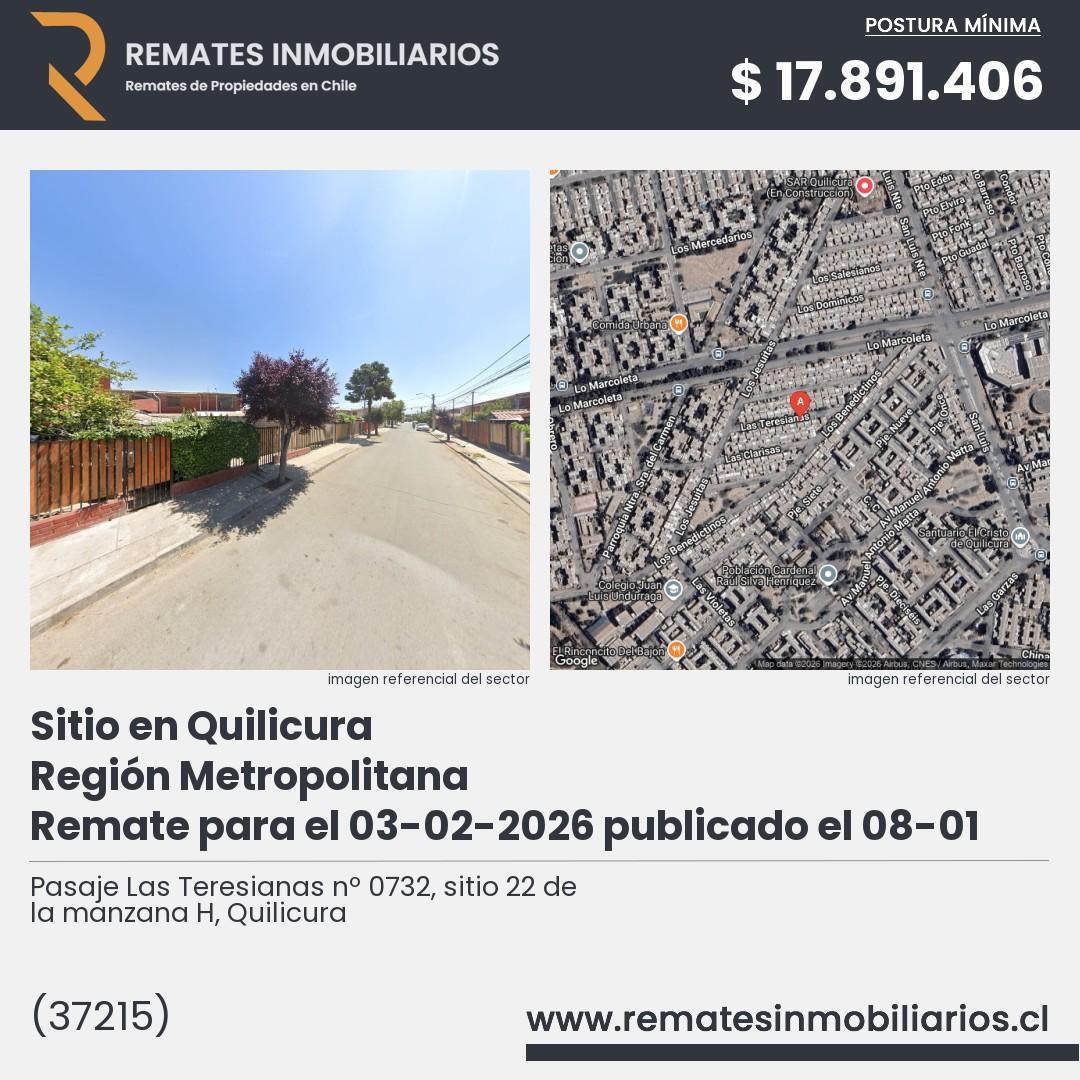 Imagen ficha Pasaje Las Teresianas nº 0732, sitio 22 de la manzana H, Quilicura