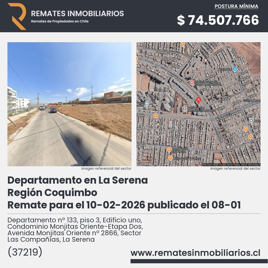 Imagen ficha Departamento nº 133, piso 3, Edificio uno, Condominio Monjitas Oriente-Etapa Dos, Avenida Monjitas Oriente nº 2866, Sector Las Compañías, La Serena