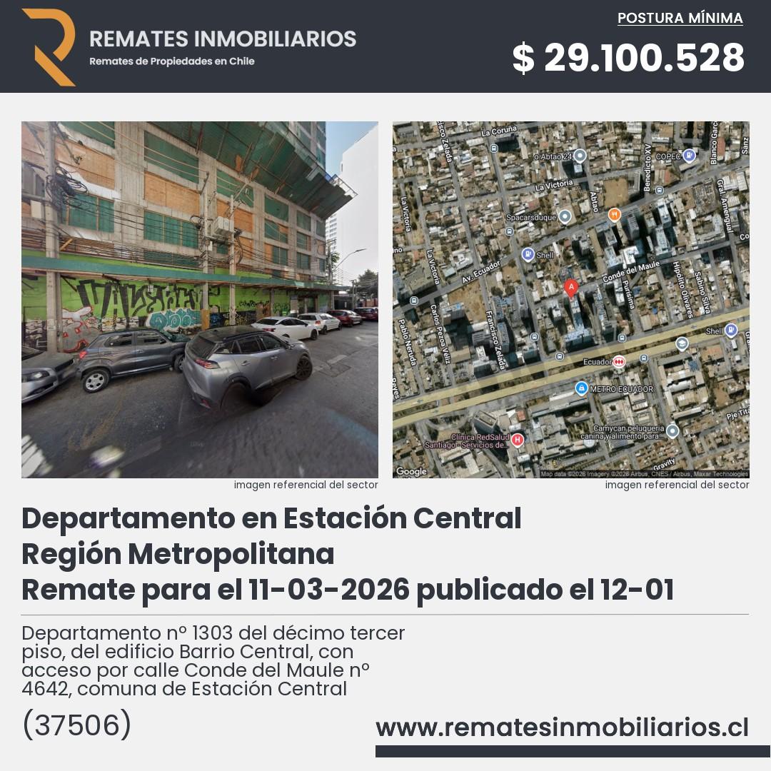 Imagen ficha Departamento nº 1303 del décimo tercer piso, del edificio Barrio Central, con acceso por calle Conde del Maule nº 4642, comuna de Estación Central