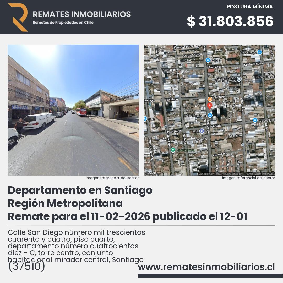 Imagen ficha Calle San Diego número mil trescientos cuarenta y cuatro, piso cuarto, departamento número cuatrocientos diez - C, torre centro, conjunto habitacional mirador central, Santiago