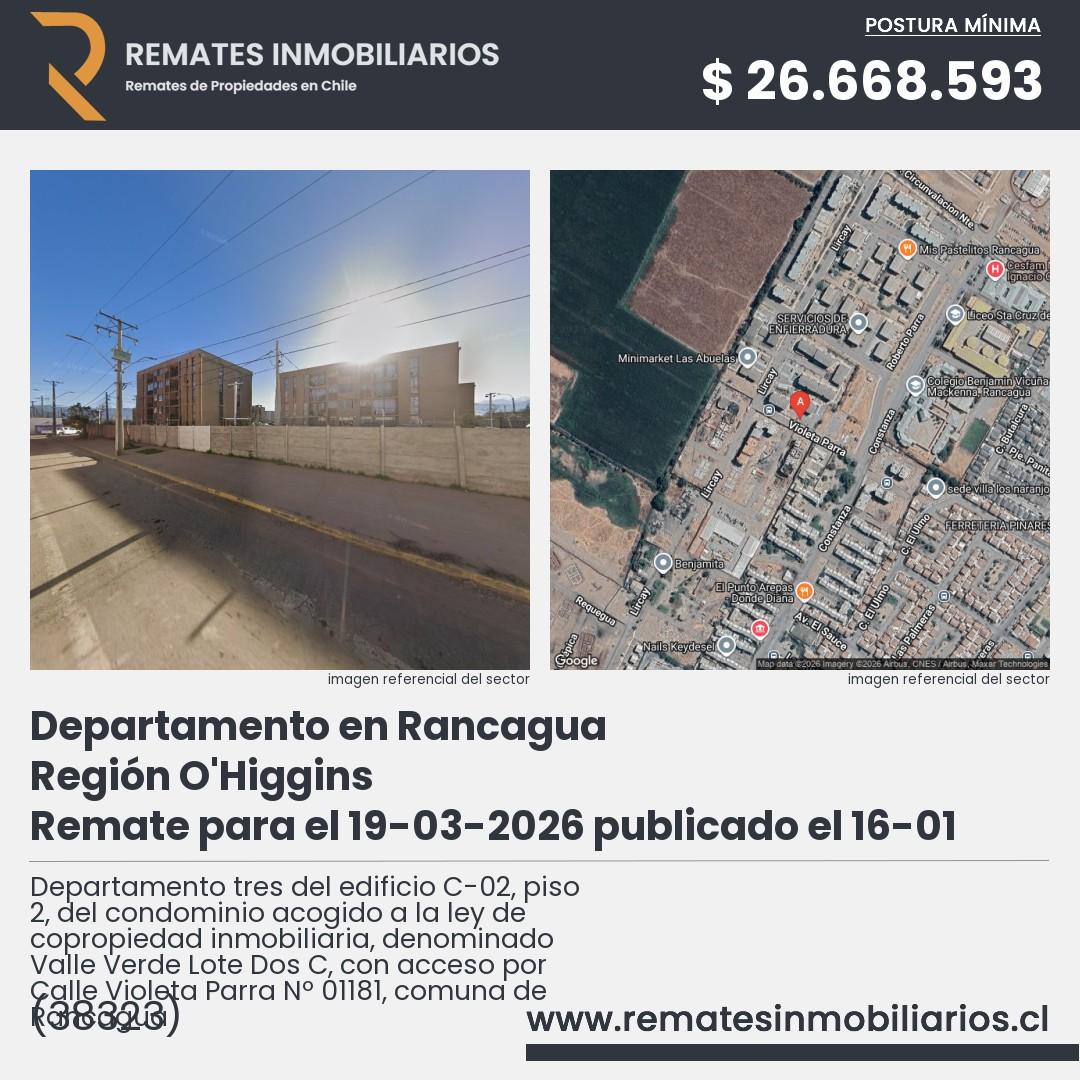Imagen ficha Departamento tres del edificio C-02, piso 2, del condominio acogido a la ley de copropiedad inmobiliaria, denominado Valle Verde Lote Dos C, con acceso por Calle Violeta Parra Nº 01181, comuna de Rancagua