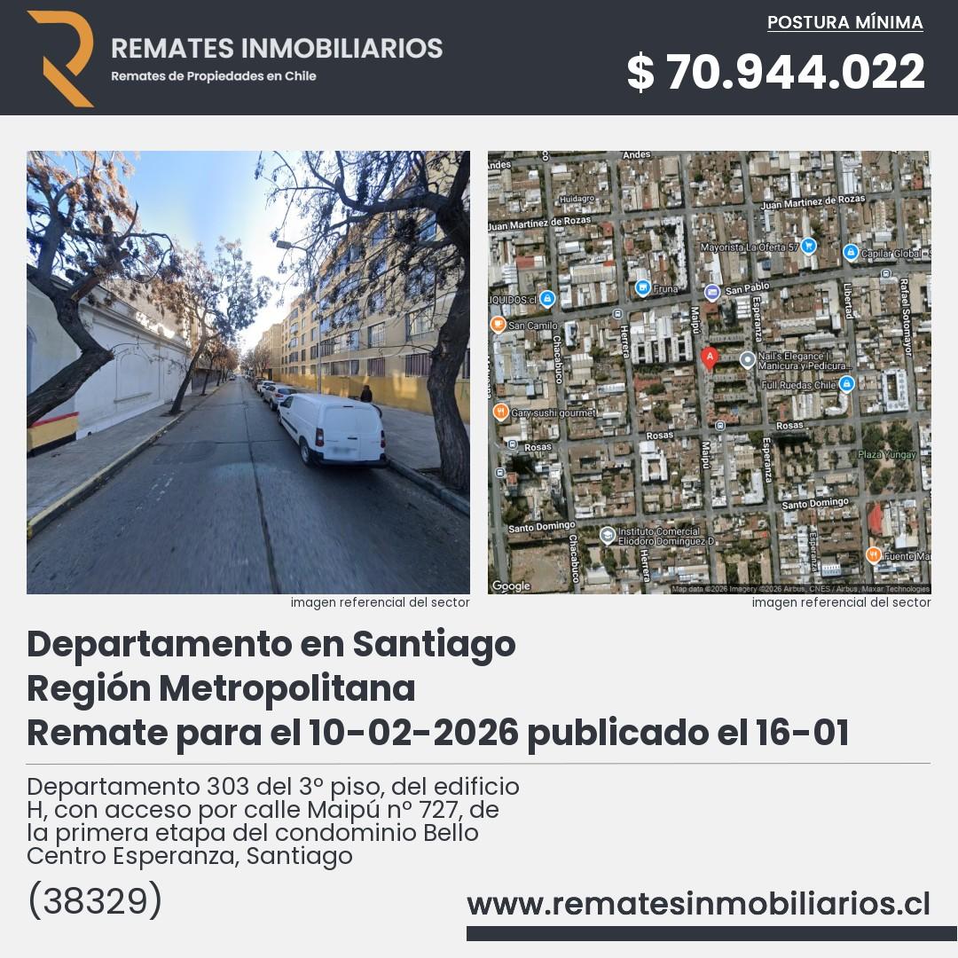 Imagen ficha Departamento 303 del 3º piso, del edificio H, con acceso por calle Maipú nº 727, de la primera etapa del condominio Bello Centro Esperanza, Santiago