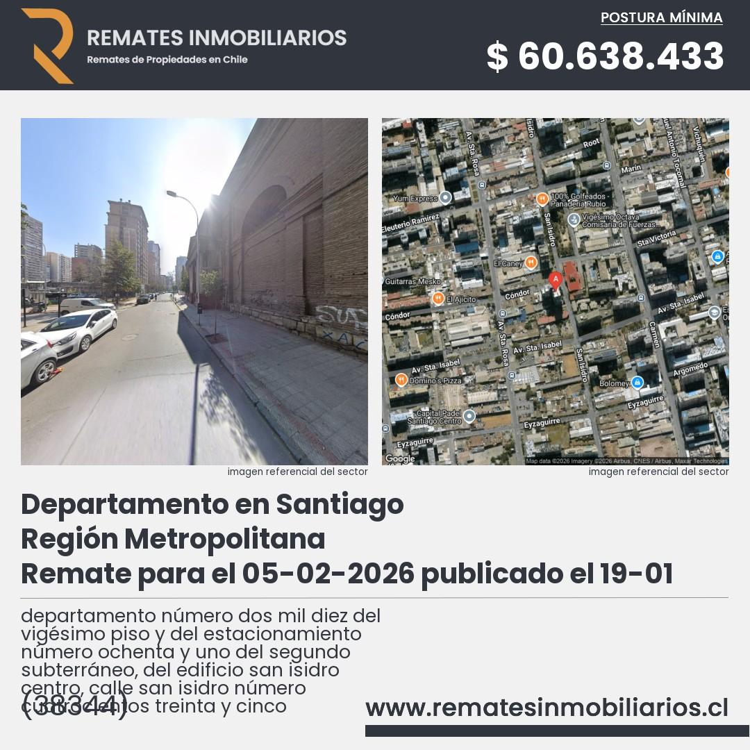 Imagen ficha departamento número dos mil diez del vigésimo piso y del estacionamiento número ochenta y uno del segundo subterráneo, del edificio san isidro centro, calle san isidro número cuatrocientos treinta y cinco