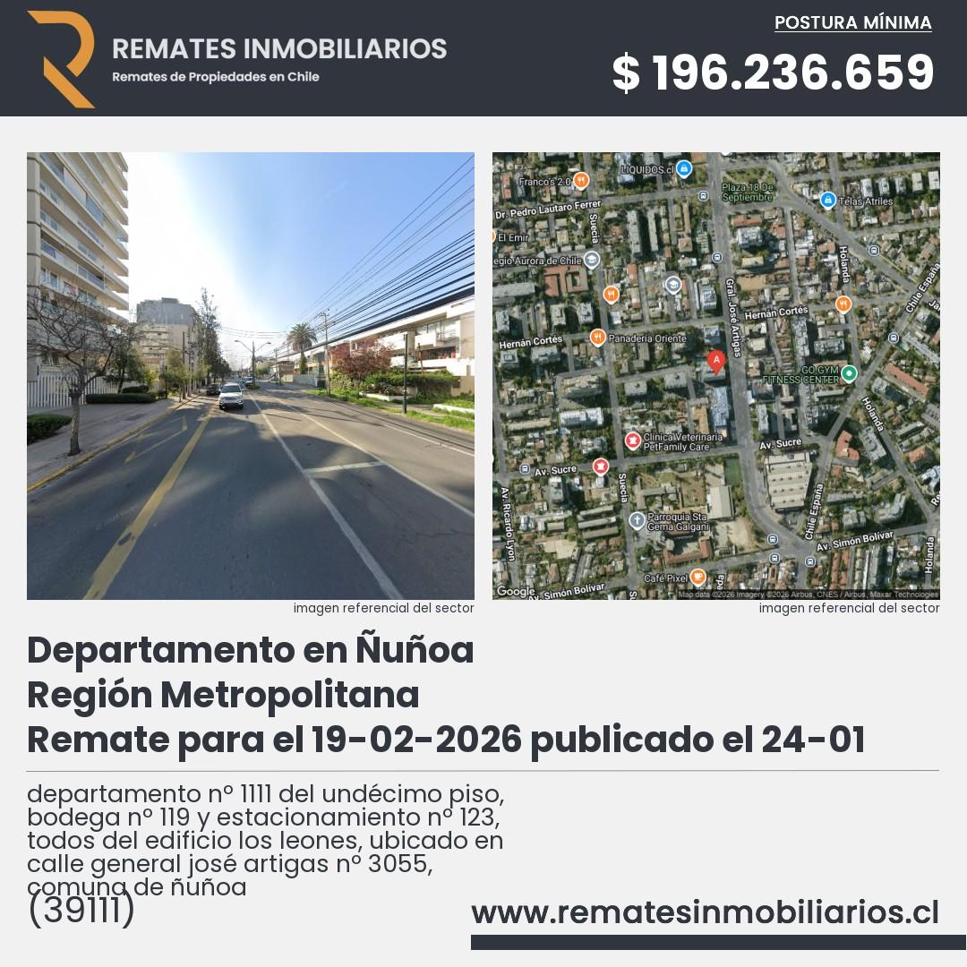 Imagen ficha departamento nº 1111 del undécimo piso, bodega nº 119 y estacionamiento nº 123, todos del edificio los leones, ubicado en calle general josé artigas nº 3055, comuna de ñuñoa