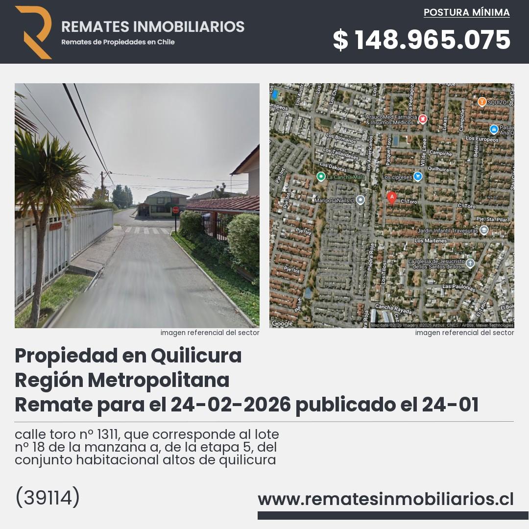 Imagen ficha calle toro nº 1311, que corresponde al lote nº 18 de la manzana a, de la etapa 5, del conjunto habitacional altos de quilicura
