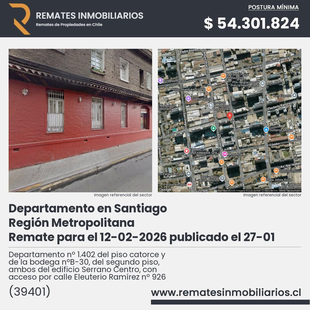 Imagen ficha Departamento nº 1.402 del piso catorce y de la bodega nºB-30, del segundo piso, ambos del edificio Serrano Centro, con acceso por calle Eleuterio Ramírez nº 926