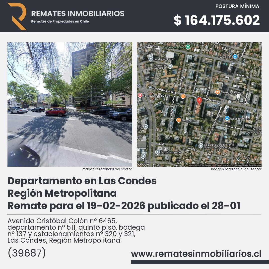 Imagen ficha Avenida Cristóbal Colón nº 6465, departamento nº 511, quinto piso, bodega nº 137 y estacionamientos nº 320 y 321, Las Condes, Región Metropolitana