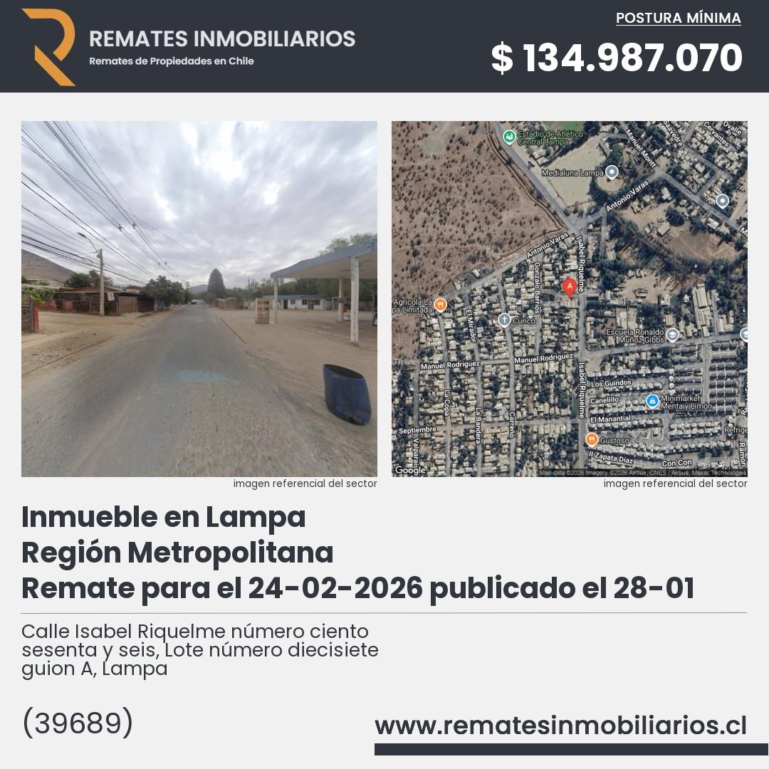 Imagen ficha Calle Isabel Riquelme número ciento sesenta y seis, Lote número diecisiete guion A, Lampa