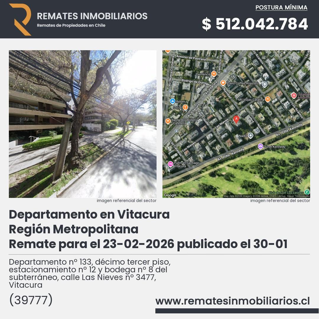 Imagen ficha Departamento nº 133, décimo tercer piso, estacionamiento nº 12 y bodega nº 8 del subterráneo, calle Las Nieves nº 3477, Vitacura