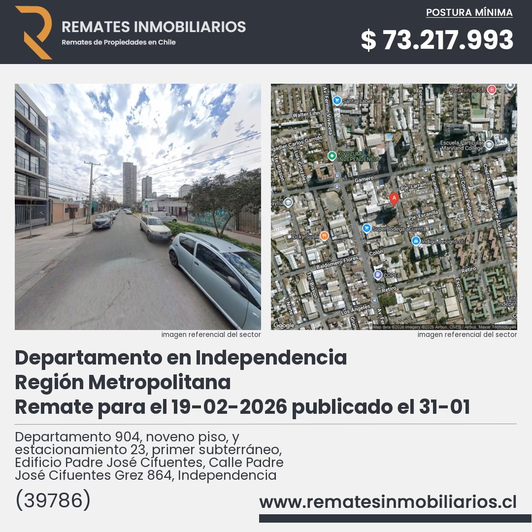 Imagen ficha Departamento 904, noveno piso, y estacionamiento 23, primer subterráneo, Edificio Padre José Cifuentes, Calle Padre José Cifuentes Grez 864, Independencia