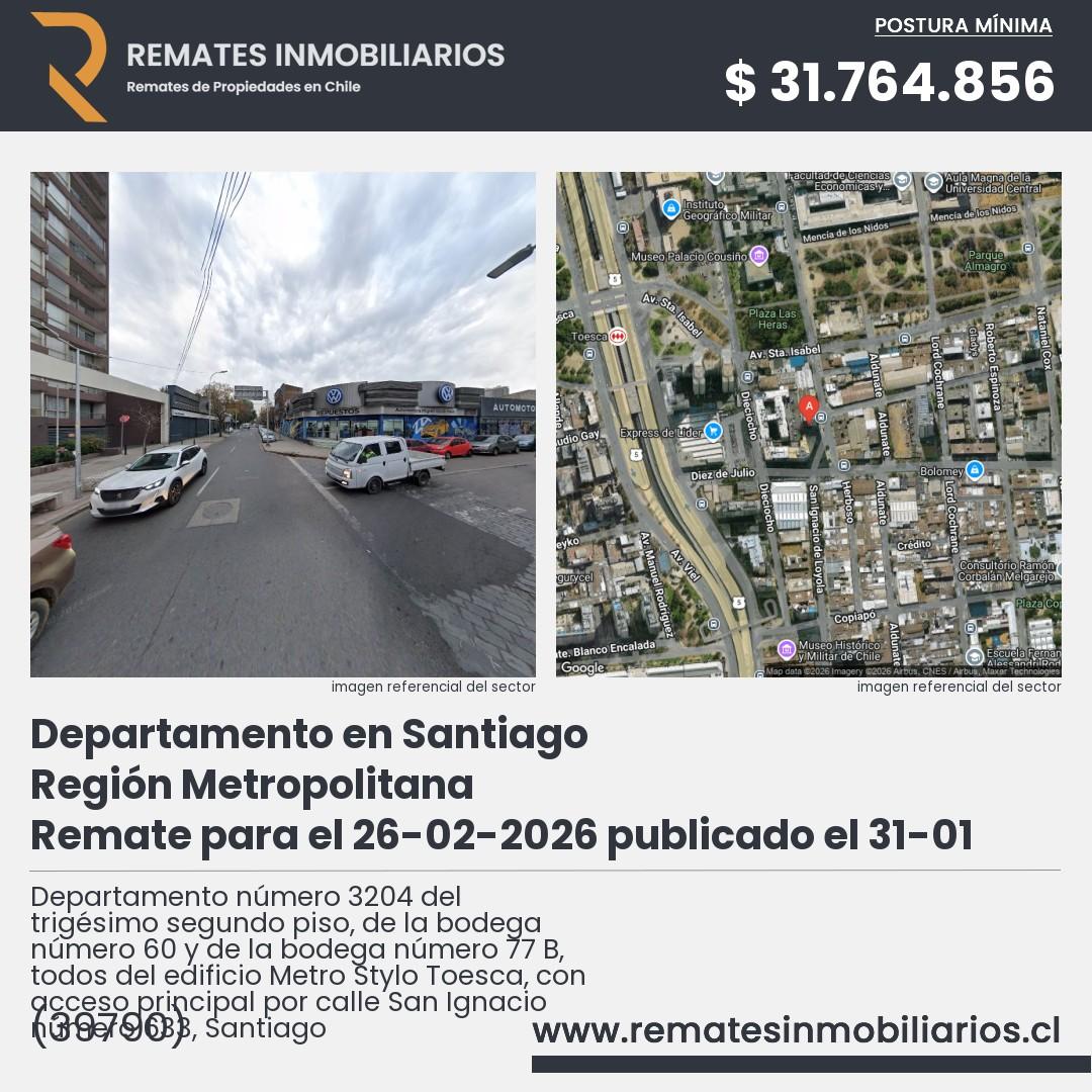 Imagen ficha Departamento número 3204 del trigésimo segundo piso, de la bodega número 60 y de la bodega número 77 B, todos del edificio Metro Stylo Toesca, con acceso principal por calle San Ignacio número 633, Santiago