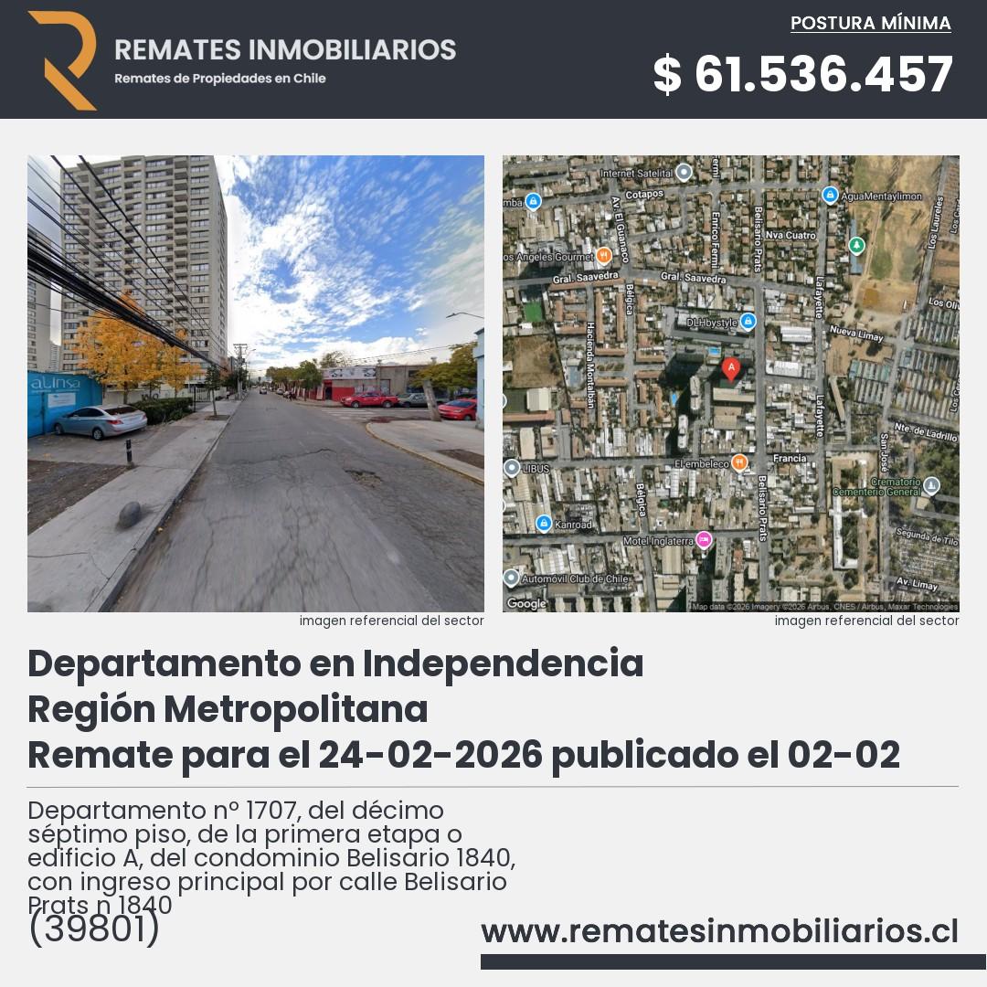 Imagen ficha Departamento nº 1707, del décimo séptimo piso, de la primera etapa o edificio A, del condominio Belisario 1840, con ingreso principal por calle Belisario Prats n 1840