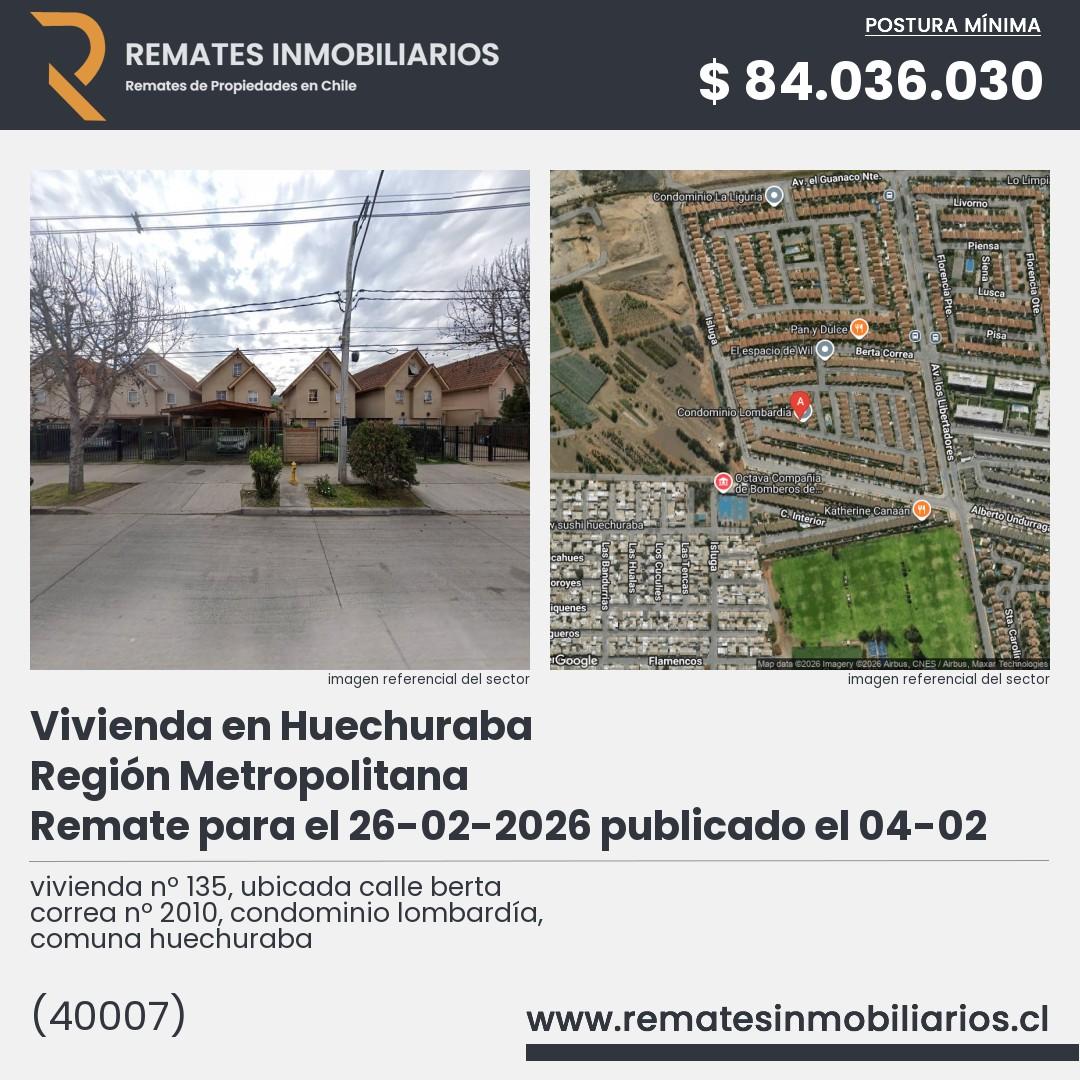 Imagen ficha vivienda nº 135, ubicada calle berta correa nº 2010, condominio lombardía, comuna huechuraba