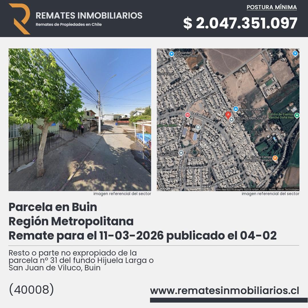 Imagen ficha Resto o parte no expropiado de la parcela nº 31 del fundo Hijuela Larga o San Juan de Viluco, Buin