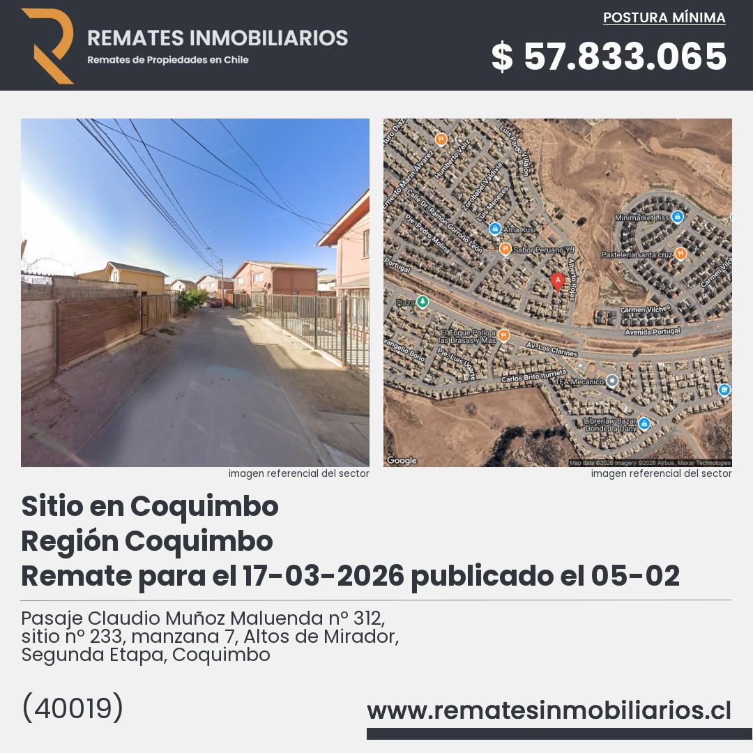 Imagen ficha Pasaje Claudio Muñoz Maluenda nº 312, sitio nº 233, manzana 7, Altos de Mirador, Segunda Etapa, Coquimbo