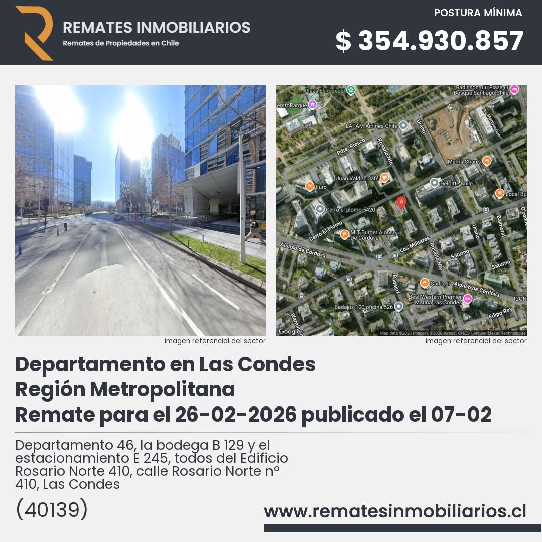 Imagen ficha Departamento 46, la bodega B 129 y el estacionamiento E 245, todos del Edificio Rosario Norte 410, calle Rosario Norte nº 410, Las Condes
