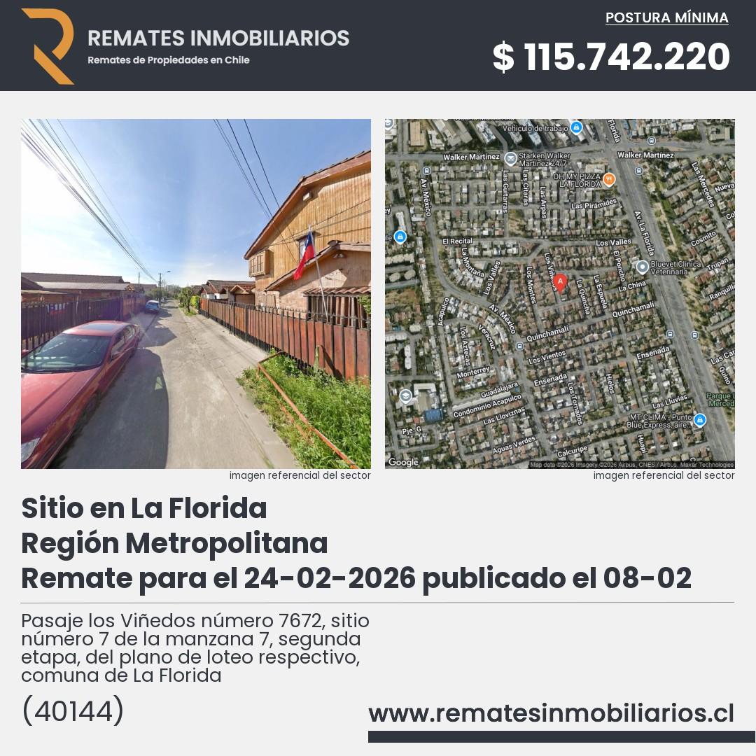 Imagen ficha Pasaje los Viñedos número 7672, sitio número 7 de la manzana 7, segunda etapa, del plano de loteo respectivo, comuna de La Florida