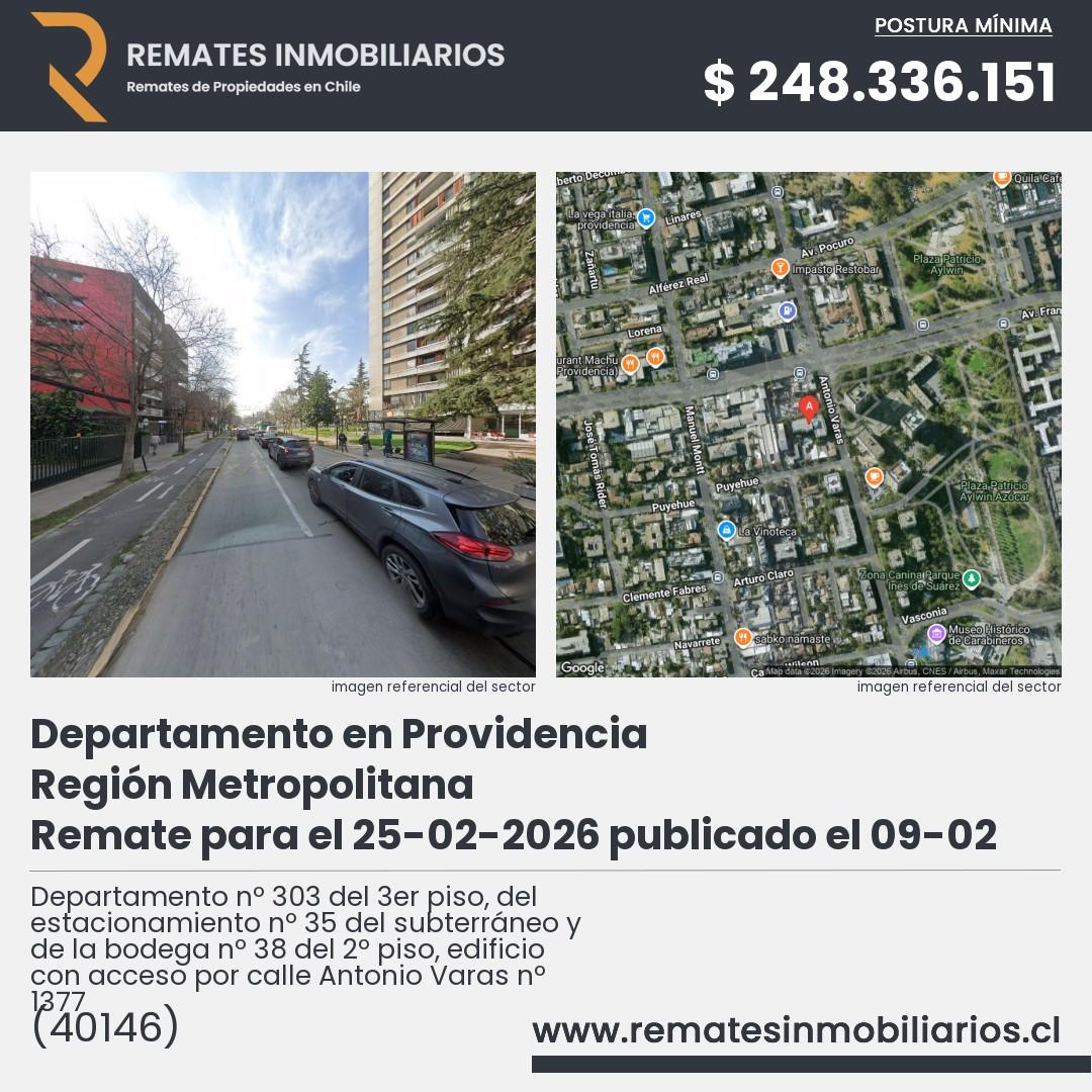 Imagen ficha Departamento nº 303 del 3er piso, del estacionamiento nº 35 del subterráneo y de la bodega nº 38 del 2º piso, edificio con acceso por calle Antonio Varas nº 1377