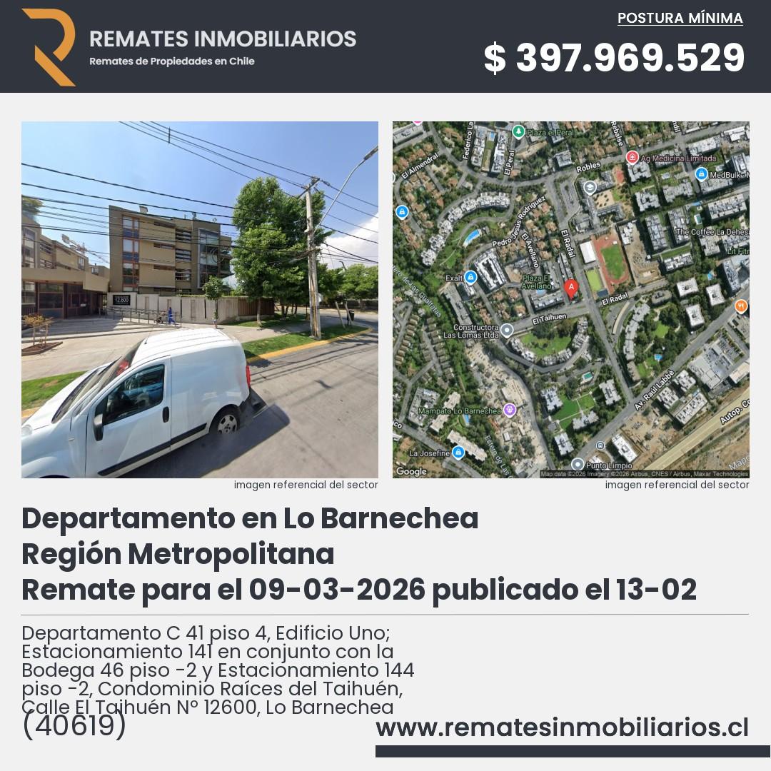 Imagen ficha Departamento C 41 piso 4, Edificio Uno; Estacionamiento 141 en conjunto con la Bodega 46 piso -2 y Estacionamiento 144 piso -2, Condominio Raíces del Taihuén, Calle El Taihuén Nº 12600, Lo Barnechea