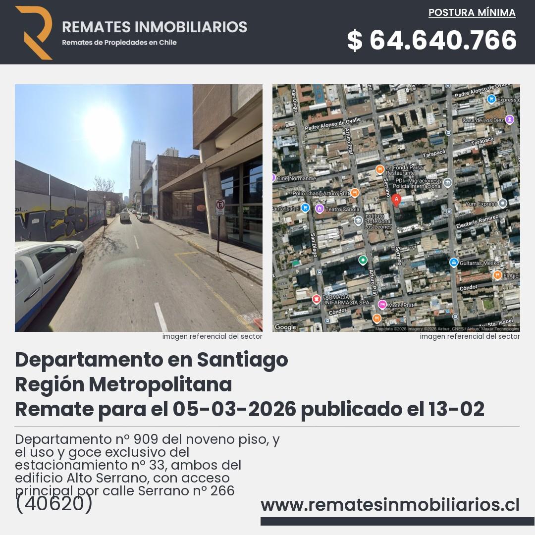 Imagen ficha Departamento nº 909 del noveno piso, y el uso y goce exclusivo del estacionamiento nº 33, ambos del edificio Alto Serrano, con acceso principal por calle Serrano nº 266