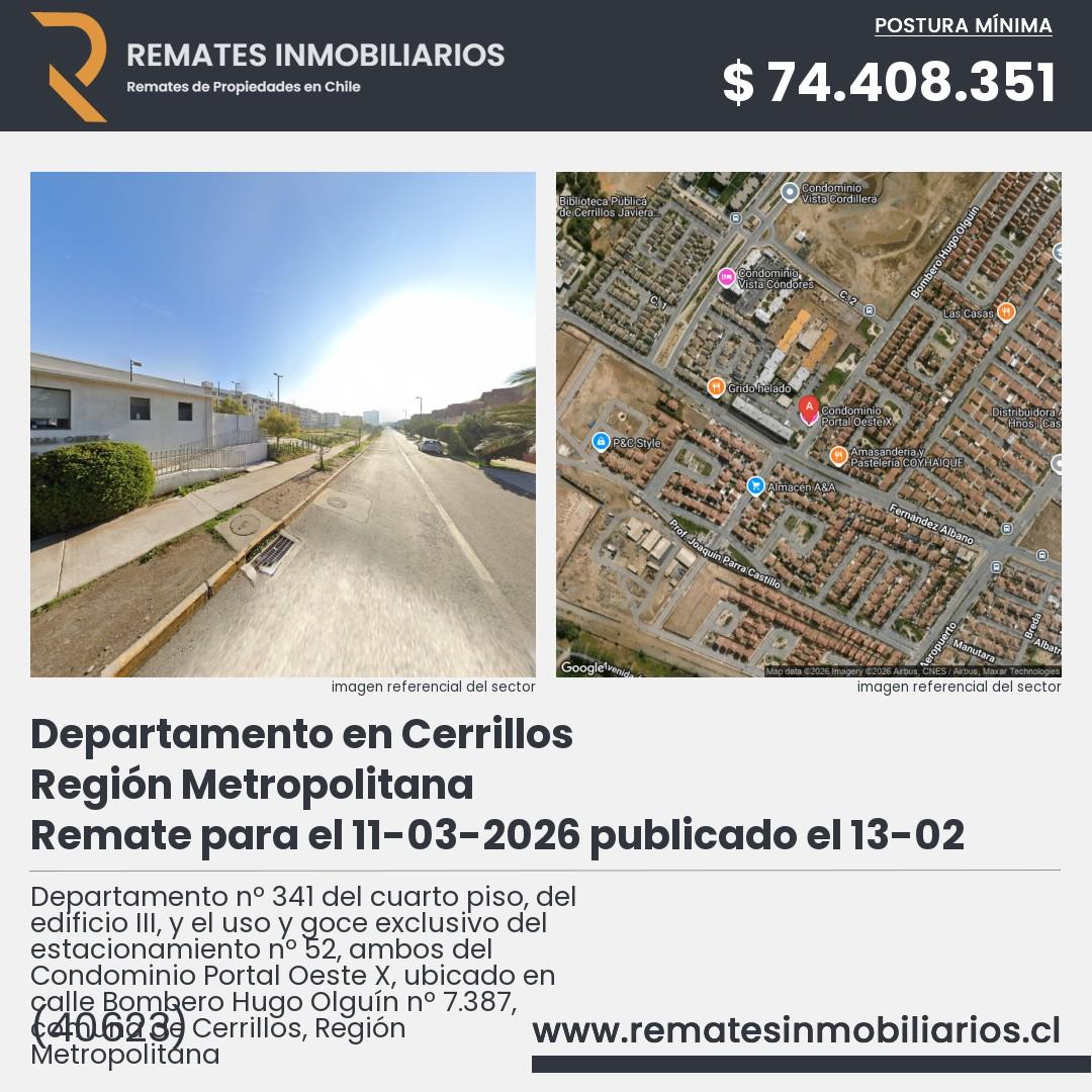 Imagen ficha Departamento nº 341 del cuarto piso, del edificio III, y el uso y goce exclusivo del estacionamiento nº 52, ambos del Condominio Portal Oeste X, ubicado en calle Bombero Hugo Olguín nº 7.387, comuna de Cerrillos, Región Metropolitana