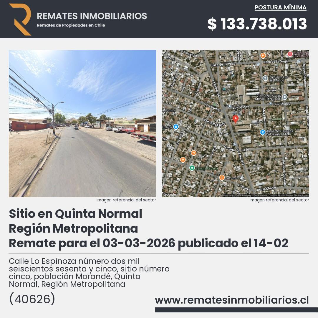 Imagen ficha Calle Lo Espinoza número dos mil seiscientos sesenta y cinco, sitio número cinco, población Morandé, Quinta Normal, Región Metropolitana