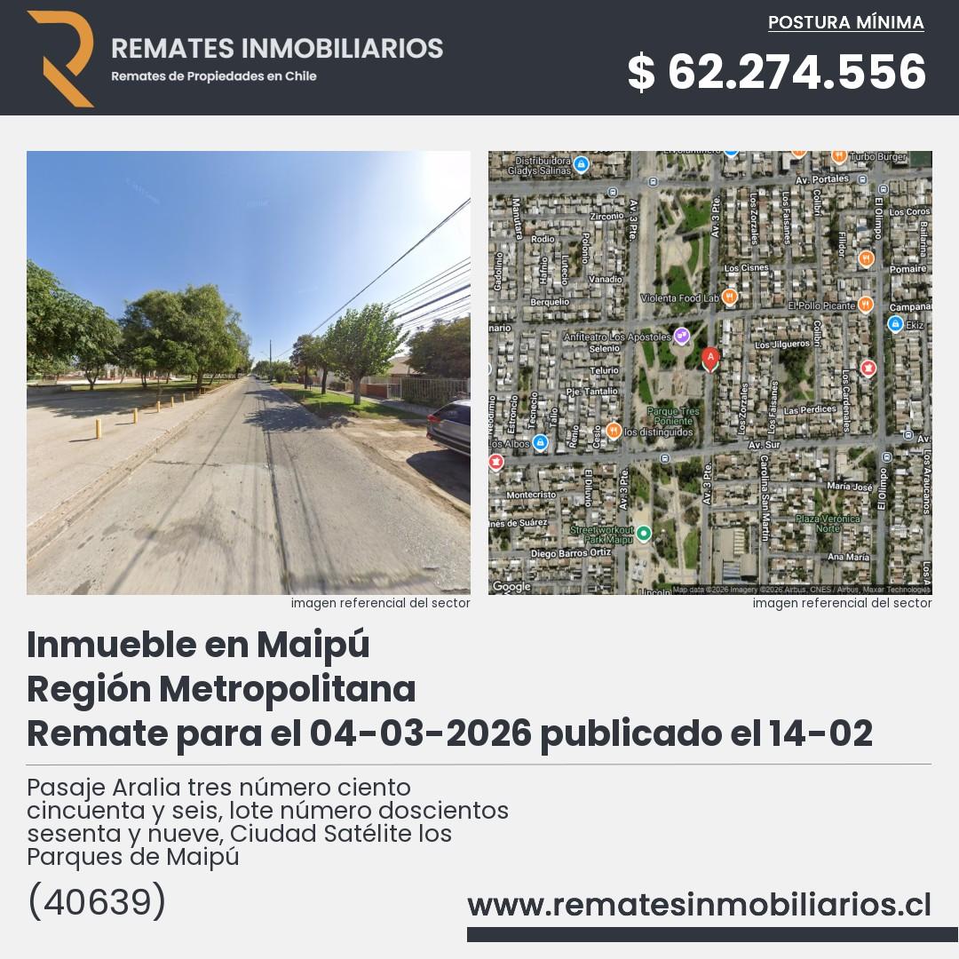 Imagen ficha Pasaje Aralia tres número ciento cincuenta y seis, lote número doscientos sesenta y nueve, Ciudad Satélite los Parques de Maipú