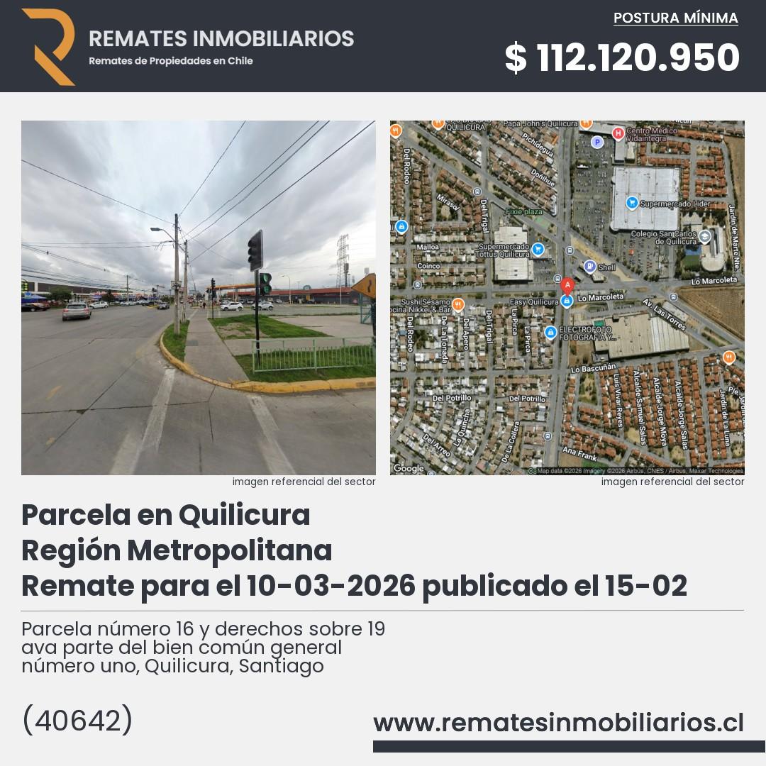 Imagen ficha Parcela número 16 y derechos sobre 19 ava parte del bien común general número uno, Quilicura, Santiago