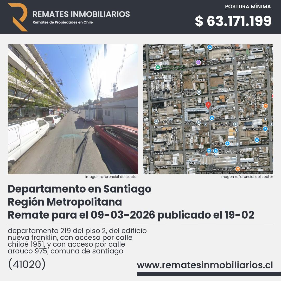 Imagen ficha departamento 219 del piso 2, del edificio nueva franklin, con acceso por calle chiloé 1951, y con acceso por calle arauco 975, comuna de santiago