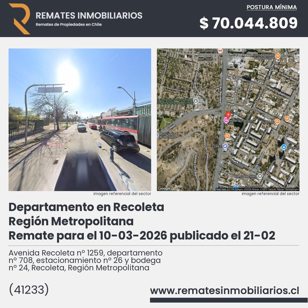 Imagen ficha Avenida Recoleta nº 1259, departamento nº 708, estacionamiento nº 26 y bodega nº 24, Recoleta, Región Metropolitana