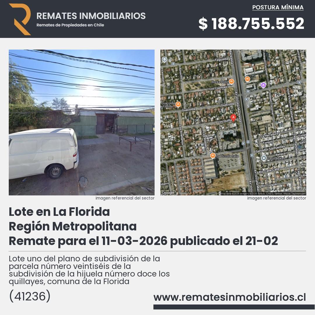 Imagen ficha Lote uno del plano de subdivisión de la parcela número veintiséis de la subdivisión de la hijuela número doce los quillayes, comuna de la Florida